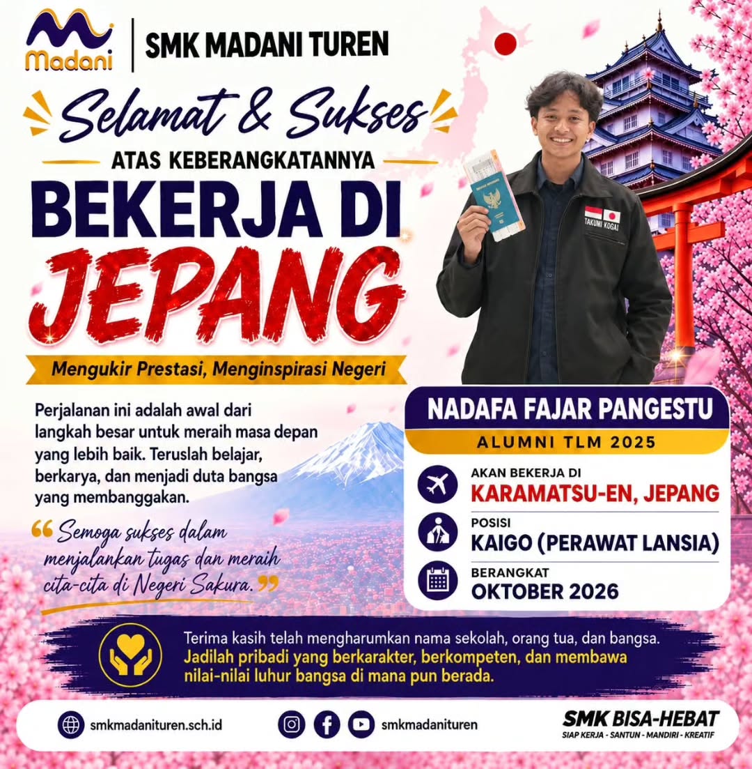 SELAMAT & SUKSES π Keluarga Besar SMK Madani Turen mengucapkan selamat kepada: π¨ββοΈ Nadafa Fajar Pangestu π...